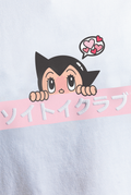 Close up of Astro Boy Love Box Logo tee. Tee has pink box with Japanese 'SOYTOY CLUB' embroidered on the front with Astro Boy on top