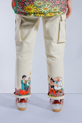 Back of Cream Astro Boy Jeans with screen printed graphic wrap around the bottom of both pant legs. Graphic shows Astro Boy and his family in a field of flowers