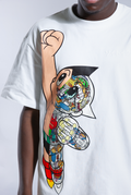 Close up of flying Astro Boy graphic on white t-shirt