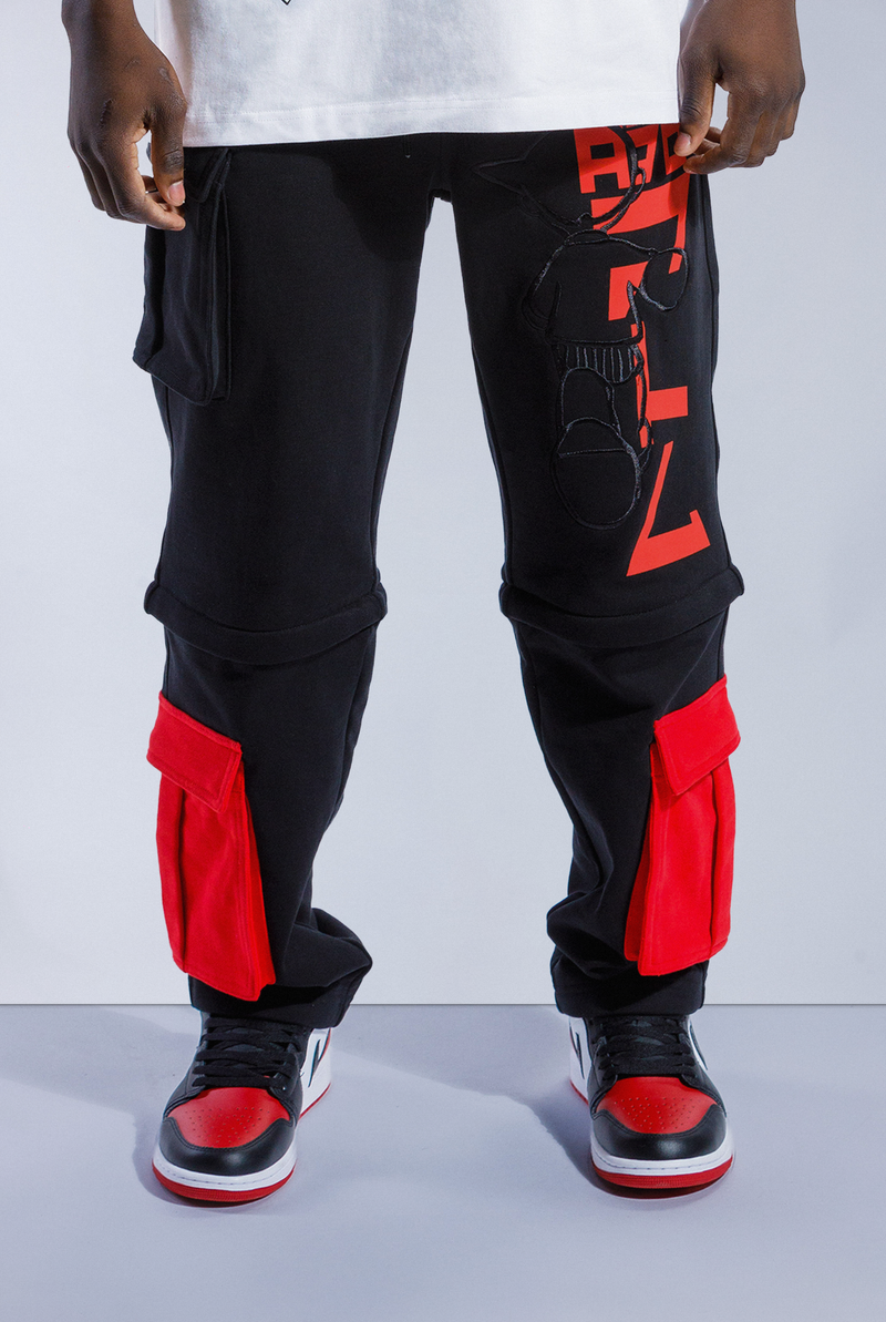 Person wearing black and red Astro Boy Trackpants. has zipper at knee to turn into shorts