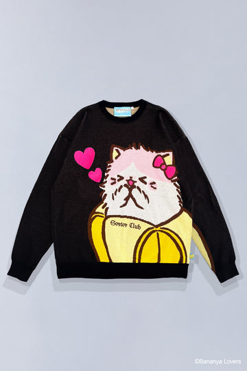 Front of black knit Bananya sweater. Has large oversized knit Bananyako with fluffy embroidered bow and love hearts