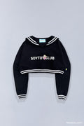 Front of Bananyako SOYTOY CLUB cropped Seifuku sailor-style sweater. Features SOYTOY CLUB text with embroidered Taremimi Bananya design