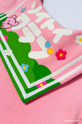 Detail shot of Bananya Seifuku showing Bananya scene on back of sailor flap with Japanese text that reads 'SOYTOY CLUB'