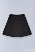 Back of black pleated Taremimi Bananya skirt on grey background.