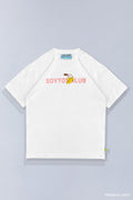 Front of white Bananya Logo t-shirt. Shows pink 'SOYTOY CLUB' text with embroidered Bananya cat on top.
