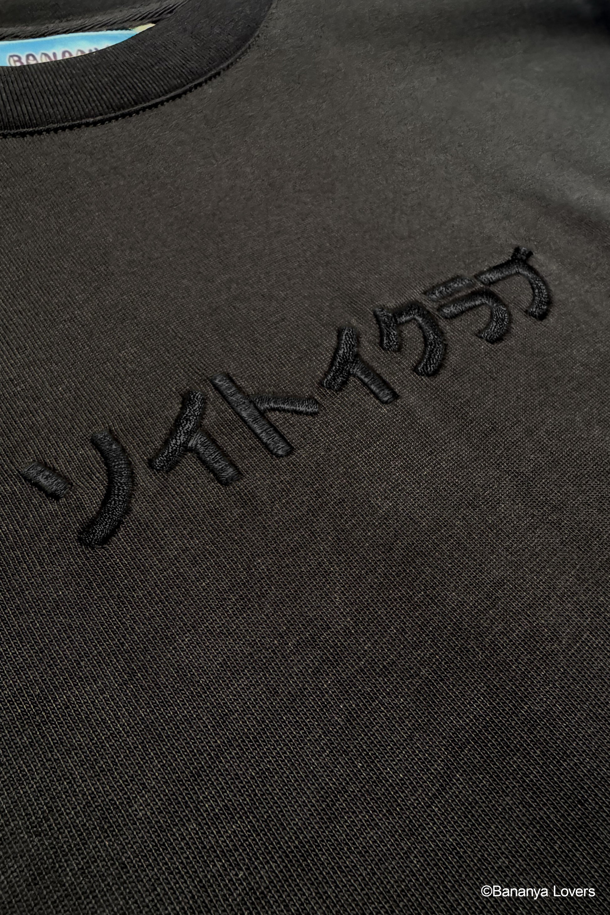 Detail shot of embroidered japanese text 'soytoy club' on front of black bananya t-shirt