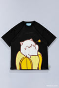 Black t-shirt with anime Bananya cat large graphic design on a light gray background